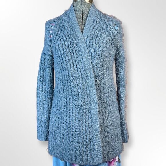Anthropologie Oversized Fluffy Eyelash Cardigan Sweater Blue and Silver Size XS - Picture 1 of 12